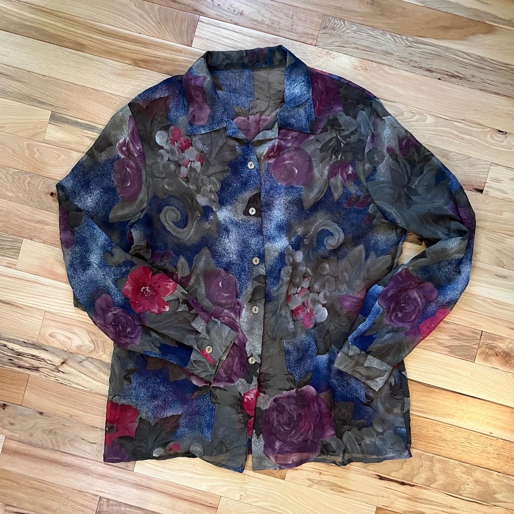 Floral Sheer Button-Up Long Sleeve Blouse